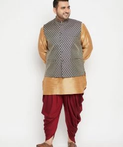 Vastramay Men's Plus Size Rose Gold, Navy Blue And Maroon Silk Blend Jacket Kurta Dhoti Pant Set