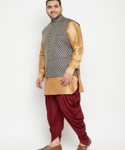 Vastramay Men's Plus Size Rose Gold, Navy Blue And Maroon Silk Blend Jacket Kurta Dhoti Pant Set