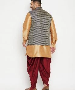 Vastramay Men's Plus Size Rose Gold, Navy Blue And Maroon Silk Blend Jacket Kurta Dhoti Pant Set 12 Vastramay Men's Plus Size Rose Gold, Navy Blue And Maroon Silk Blend Jacket Kurta Dhoti Pant Set