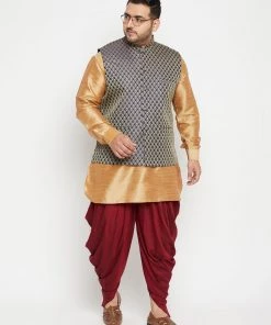 Vastramay Men's Plus Size Rose Gold, Navy Blue And Maroon Silk Blend Jacket Kurta Dhoti Pant Set 16 Vastramay Men's Plus Size Rose Gold, Navy Blue And Maroon Silk Blend Jacket Kurta Dhoti Pant Set