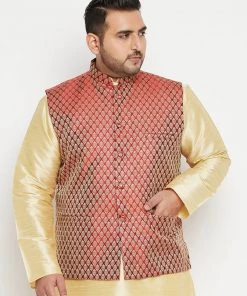 Vastramay Men's Plus Size Maroon Woven Nehru Jacket
