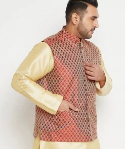 Vastramay Men's Plus Size Maroon Woven Nehru Jacket