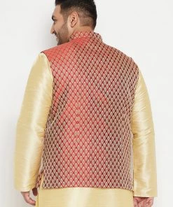 Vastramay Men's Plus Size Maroon Woven Nehru Jacket