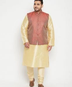 Vastramay Men's Plus Size Maroon Woven Nehru Jacket