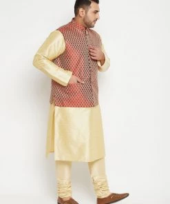 Vastramay Dhoti Kurta Sets Men's Plus Size Gold And Maroon Brocade Silk Blend Jacket Kurta Pyjama Set