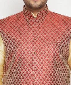 Vastramay Dhoti Kurta Sets Men's Plus Size Gold And Maroon Brocade Silk Blend Jacket Kurta Pyjama Set
