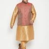 Vastramay Men's Plus Size Rose Gold And Maroon Woven Silk Blend Jacket Kurta Pyjama Set Plus Size Collection
