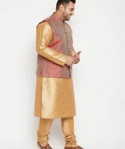 Vastramay Men's Plus Size Rose Gold And Maroon Woven Silk Blend Jacket Kurta Pyjama Set Plus Size Collection