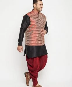 Vastramay Men's Plus Size Black And Maroon Silk Blend Jacket With Kurta Dhoti Pant Set Plus Size Collection