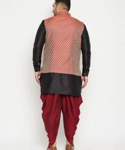 Vastramay Men's Plus Size Black And Maroon Silk Blend Jacket With Kurta Dhoti Pant Set Plus Size Collection