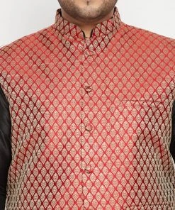 Vastramay Men's Plus Size Black And Maroon Silk Blend Jacket With Kurta Dhoti Pant Set Plus Size Collection