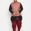 Vastramay Men's Plus Size Black And Maroon Silk Blend Jacket With Kurta Dhoti Pant Set Plus Size Collection