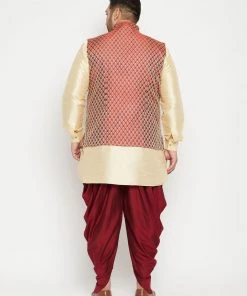 Vastramay Plus Size Collection Men's Plus Size Gold And Maroon Silk Blend Jacket Kurta Dhoti Pant Set