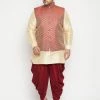Vastramay Plus Size Collection Men's Plus Size Gold And Maroon Silk Blend Jacket Kurta Dhoti Pant Set