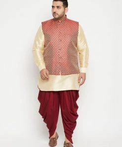 Vastramay Plus Size Collection Men's Plus Size Gold And Maroon Silk Blend Jacket Kurta Dhoti Pant Set
