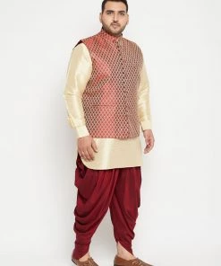 Vastramay Plus Size Collection Men's Plus Size Gold And Maroon Silk Blend Jacket Kurta Dhoti Pant Set