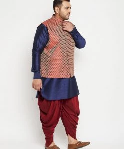 Vastramay Men's Plus Size Navy Blue And Maroon Silk Blend Jacket Kurta Dhoti Pant Set Plus Size Collection