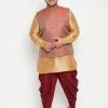 Vastramay Plus Size Collection Men's Plus Size Rose Gold And Maroon Silk Blend Jacket Kurta Dhoti Pant Set