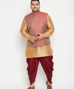Vastramay Plus Size Collection Men's Plus Size Rose Gold And Maroon Silk Blend Jacket Kurta Dhoti Pant Set