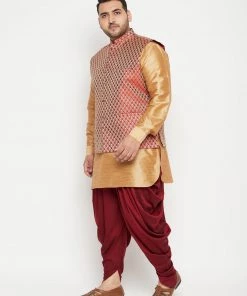 Vastramay Plus Size Collection Men's Plus Size Rose Gold And Maroon Silk Blend Jacket Kurta Dhoti Pant Set