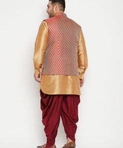 Vastramay Plus Size Collection Men's Plus Size Rose Gold And Maroon Silk Blend Jacket Kurta Dhoti Pant Set