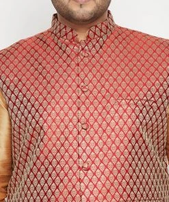 Vastramay Plus Size Collection Men's Plus Size Rose Gold And Maroon Silk Blend Jacket Kurta Dhoti Pant Set