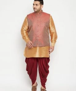 Vastramay Plus Size Collection Men's Plus Size Rose Gold And Maroon Silk Blend Jacket Kurta Dhoti Pant Set