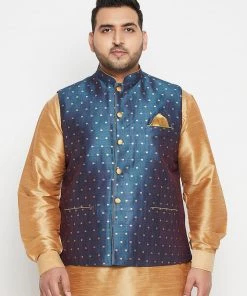 Vastramay Men's Plus Size Blue And Gold Jacquard Nehru Jacket