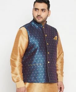 Vastramay Men's Plus Size Blue And Gold Jacquard Nehru Jacket