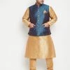 Vastramay Men's Plus Size Rose Gold And Blue Silk Blend Jacket Kurta Pyjama Set