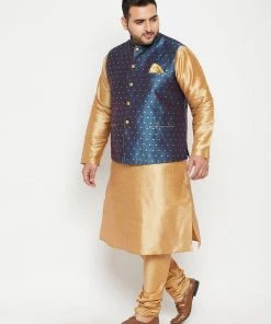 Vastramay Men's Plus Size Rose Gold And Blue Silk Blend Jacket Kurta Pyjama Set