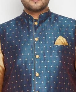 Vastramay Men's Plus Size Rose Gold And Blue Silk Blend Jacket Kurta Pyjama Set