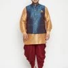 Vastramay Plus Size Collection Men's Plus Size Rose Gold And Blue Silk Blend Jacket Kurta Dhoti Pant Set
