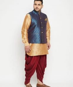 Vastramay Plus Size Collection Men's Plus Size Rose Gold And Blue Silk Blend Jacket Kurta Dhoti Pant Set