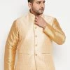 Vastramay Men's Plus Size Beige And Gold Jacquard Nehru Jacket