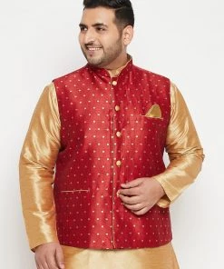 Vastramay Plus Size Collection Men's Plus Size Maroon And Gold Jacquard Nehru Jacket