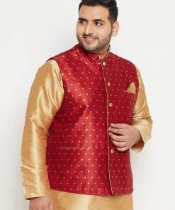 Vastramay Plus Size Collection Men's Plus Size Maroon And Gold Jacquard Nehru Jacket