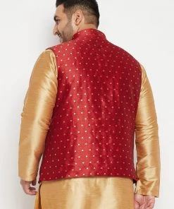 Vastramay Plus Size Collection Men's Plus Size Maroon And Gold Jacquard Nehru Jacket