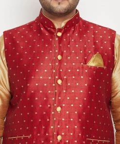 Vastramay Plus Size Collection Men's Plus Size Maroon And Gold Jacquard Nehru Jacket
