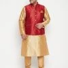 Vastramay Jacket Kurta Sets Men's Plus Size Rose Gold And Maroon Silk Blend Jacket Kurta Pyjama Set