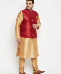 Vastramay Jacket Kurta Sets Men's Plus Size Rose Gold And Maroon Silk Blend Jacket Kurta Pyjama Set