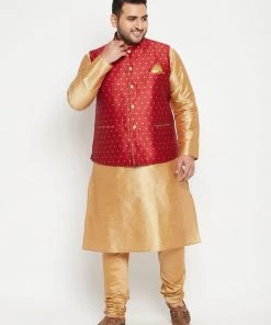 Vastramay Jacket Kurta Sets Men's Plus Size Rose Gold And Maroon Silk Blend Jacket Kurta Pyjama Set