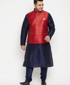 Vastramay Plus Size Collection Men's Plus Size Navy Blue And Maroon Jacquard Silk Blend Jacket Kurta Pyjama Set