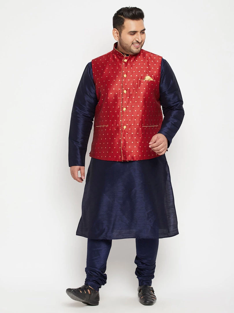 Vastramay Plus Size Collection Men's Plus Size Navy Blue And Maroon Jacquard Silk Blend Jacket Kurta Pyjama Set 3 Vastramay Plus Size Collection Men's Plus Size Navy Blue And Maroon Jacquard Silk Blend Jacket Kurta Pyjama Set
