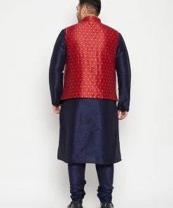 Vastramay Plus Size Collection Men's Plus Size Navy Blue And Maroon Jacquard Silk Blend Jacket Kurta Pyjama Set 11 Vastramay Plus Size Collection Men's Plus Size Navy Blue And Maroon Jacquard Silk Blend Jacket Kurta Pyjama Set