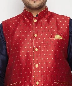 Vastramay Plus Size Collection Men's Plus Size Navy Blue And Maroon Jacquard Silk Blend Jacket Kurta Pyjama Set 12 Vastramay Plus Size Collection Men's Plus Size Navy Blue And Maroon Jacquard Silk Blend Jacket Kurta Pyjama Set