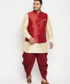 Vastramay Men's Plus Size Gold, Maroon Silk Blend Jacket Kurta Dhoti Pant Set