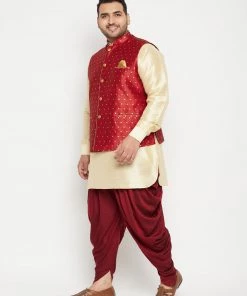 Vastramay Men's Plus Size Gold, Maroon Silk Blend Jacket Kurta Dhoti Pant Set