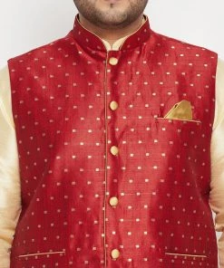 Vastramay Men's Plus Size Gold, Maroon Silk Blend Jacket Kurta Dhoti Pant Set