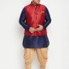 Vastramay Men's Plus Size Maroon, Navy Blue And Rose Gold Silk Blend Jacket Kurta Dhoti Pant Set Plus Size Collection